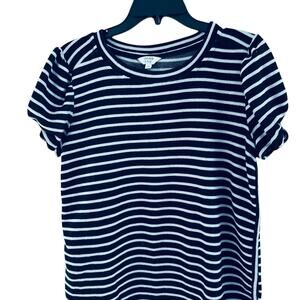 Crown & Ivy Women’s M Medium Sweater Blue White Striped Scoop Neck Puff Sleeves